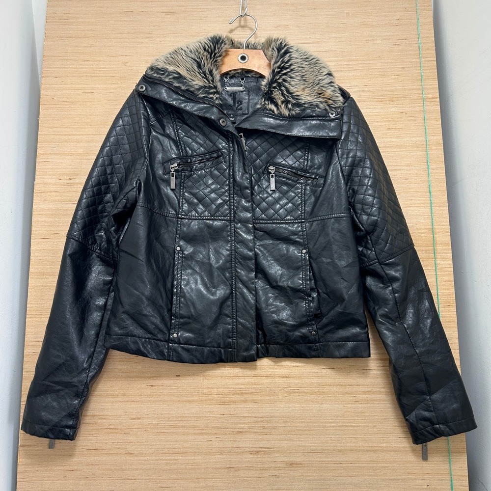 L2 Womens Black Quilted Faux Leather Moto Jacket Faux Fur Collar Size L